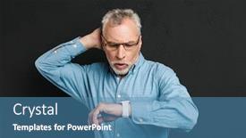  Presentation with 60s - Audience pleasing slide deck consisting of image-of-elderly-unshaved-man backdrop and a teal colored foreground