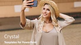  Presentation with straw - Beautiful presentation design featuring image of elegant lady wearing suit and straw hat smiling while taking selfie photo outdoor in downtown backdrop and a coral colored foreground