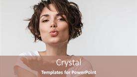  Presentation with basic - PPT theme featuring image of elegant woman in basic t-shirt blowing air kiss and looking at camera isolated over white background background and a coral colored foreground