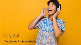  Presentation with asian music - Beautiful theme featuring image of emotional excited young asian man standing isolated over yellow background listening music with headphones backdrop and a gold colored foreground