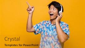  Presentation with asian music - PPT theme with image of emotional excited young asian man standing isolated over yellow background listening music with headphones pointing background and a gold colored foreground