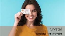  Presentation with credit card - Beautiful presentation theme featuring image-of-emotional-positive-smiling backdrop and a gold colored foreground