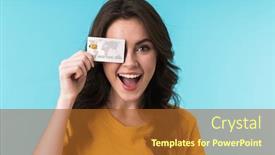  Presentation with credit card - Beautiful PPT layouts featuring image-of-emotional-surprised-smiling backdrop and a tawny brown colored foreground