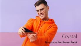  Presentation with mobile games - Amazing slide set having image-of-emotional-young-man backdrop and a red colored foreground