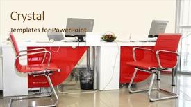  Presentation with office room - PPT theme enhanced with image of empty office room with red and white chairs and table background and a cream colored foreground