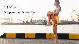  Presentation with sea port - PPT theme featuring image of energetic asian woman in sportive clothes stretching her body while doing workout against sea port background and a white colored foreground