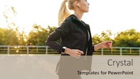  Presentation with wireless - Beautiful PPT layouts featuring image of energetic woman wearing tracksuit and wireless earpods running outdoors at sunrise backdrop and a coral colored foreground