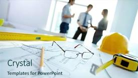  Presentation with workplace - Cool new PPT theme with image of engineering objects backdrop and a sky blue colored foreground