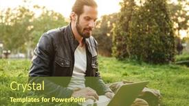  Presentation with green notebook - Amazing slide set having image of european bearded man in white t-shirt sitting on grass in green park and working on silver notebook backdrop and a tawny brown colored foreground