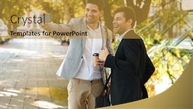  Presentation with green coffee - Beautiful presentation featuring image of european businessmen in suits using smartphone while walking outdoor through green park with takeaway coffee during sunny day backdrop and a gold colored foreground