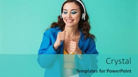  Presentation with blue music - Presentation consisting of image of european happy woman 20s wearing raincoat or jacket dancing while listening to music via wireless earphones isolated over blue background background and a teal colored foreground
