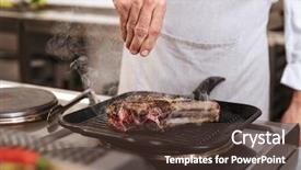  Presentation with restaurant kitchen - Amazing PPT theme having chiefs - image of european man chief backdrop and a  colored foreground