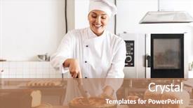  Presentation with bakery pie - Slide set featuring image of european woman chef background and a coral colored foreground