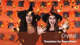  Presentation with wall falling - Beautiful PPT theme featuring image of excied witch women in black halloween costume standing together under falling confetti isolated over orange pumpkin wall backdrop and a tawny brown colored foreground