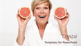  Presentation with parts - Presentation theme featuring image of excited adult woman with short blond hair wearing white housecoat holding grapefruit parts isolated over white background background and a lemonade colored foreground