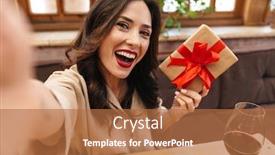  Presentation with selfie - Beautiful presentation theme featuring image-of-excited-adult-woman backdrop and a red colored foreground