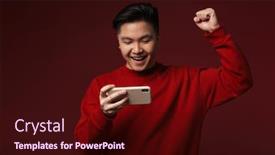  Presentation with winner - Beautiful slide set featuring image-of-excited-asian-man backdrop and a wine colored foreground