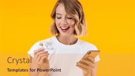  Presentation with basic - Amazing presentation having image of excited blond woman in basic t-shirt holding smartphone and credit card isolated over yellow background backdrop and a yellow colored foreground