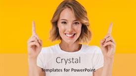  Presentation with basic - PPT layouts enhanced with image of excited blond woman in basic t-shirt smiling and pointing fingers upward isolated over yellow background background and a coral colored foreground