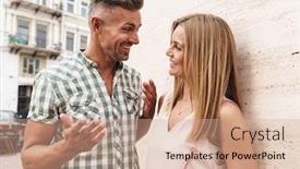  Presentation with wall street - PPT theme featuring image of excited blonde couple in summer clothes smiling and talking together while standing against wall on city street background and a coral colored foreground