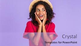  Presentation with straw - Colorful slide deck enhanced with image of excited brunette woman 20s wearing straw hat smiling and touching her face isolated over violet background backdrop and a light blue colored foreground