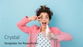  Presentation with soda - PPT layouts consisting of image-of-excited-caucasian-woman background and a light blue colored foreground