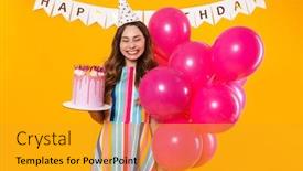  Presentation with cute birthday - Presentation theme with image-of-excited-cute-woman background and a gold colored foreground
