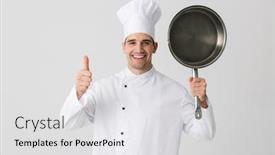  Presentation with frying - Amazing PPT theme having image of excited emotional young man chef indoors isolated over white wall background holding frying pan backdrop and a light gray colored foreground