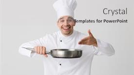  Presentation with frying - Cool new theme with image of excited emotional young man chef indoors isolated over white wall background holding frying pan backdrop and a light gray colored foreground