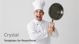  Presentation with frying - Colorful PPT theme enhanced with image of excited emotional young man chef indoors isolated over white wall background holding frying pan backdrop and a light gray colored foreground