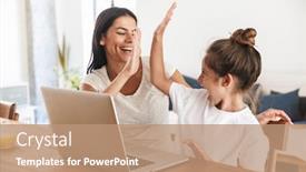  Presentation with daughter - Colorful PPT theme enhanced with image of excited family woman and her little daughter giving high five and using laptop computer together while sitting at table in apartment backdrop and a coral colored foreground