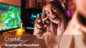  Presentation with video game - Cool new slide deck with image-of-excited-girl-taking backdrop and a tawny brown colored foreground