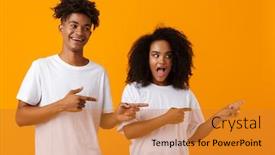  Presentation with young happy couple - Amazing PPT layouts having image of excited happy young cute african couple posing isolated over yellow background pointing backdrop and a gold colored foreground