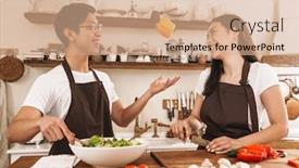  Presentation with multicultural - Audience pleasing slides consisting of image-of-excited-multicultural-couple backdrop and a coral colored foreground