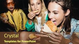  Presentation with girls night - Slides having excited multiethnic girls eating fastfood background and a tawny brown colored foreground