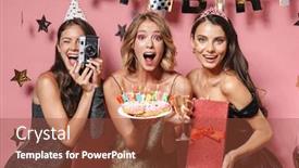  Presentation with pink birthday - Presentation theme with image of excited party girls with retro camera holding birthday cake and gift box isolated over pink background background and a tawny brown colored foreground