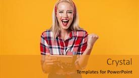  Presentation with winner - Cool new slide set with image-of-excited-pinup-girl backdrop and a gold colored foreground