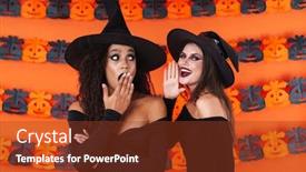  Presentation with black women - Audience pleasing PPT theme consisting of image of excited witch women in black halloween costume and makeup telling gossips to each other isolated over orange pumpkin wall backdrop and a tawny brown colored foreground