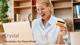  Presentation with credit card - Audience pleasing PPT theme consisting of image-of-excited-woman-making backdrop and a lemonade colored foreground