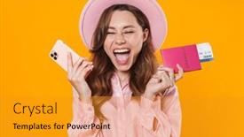  Presentation with ticket - Beautiful slide set featuring image-of-excited-woman backdrop and a gold colored foreground