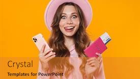  Presentation with ticket - Presentation design with image-of-excited-woman background and a gold colored foreground