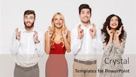  Presentation with hopeful - Theme with image of excited young group of friends standing isolated over white background make hopeful gesture background and a mint green colored foreground