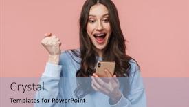  Presentation with winner - Beautiful theme featuring image-of-excited-young-woman backdrop and a light blue colored foreground