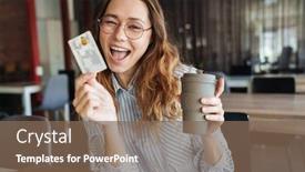  Presentation with takeaway coffee - PPT theme featuring image-of-excited-young-woman background and a violet colored foreground