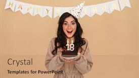  Presentation with birthday party - Slides with image-of-excited-young-woman background and a coral colored foreground