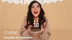  Presentation with birthday party - Amazing presentation theme having image-of-excited-young-woman backdrop and a coral colored foreground