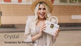  Presentation with fancy - Presentation design having image of fancy woman wearing suit and straw hat showing her stylish purse while walking through city street background and a coral colored foreground