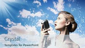  Presentation with singer - Cool new PPT layouts with image of female blonde singer holding microphone against clouds background backdrop and a sky blue colored foreground