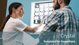  Presentation with female hospital patient - Beautiful PPT layouts featuring image of female doctor in medical uniform and sick patient man looking at x-ray scan computed tomography results in hospital backdrop and a ocean colored foreground