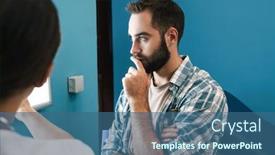  Presentation with female hospital patient - Audience pleasing slide deck consisting of image of female doctor in medical uniform and focused patient man looking at x-ray scan computed tomography results in hospital backdrop and a ocean colored foreground
